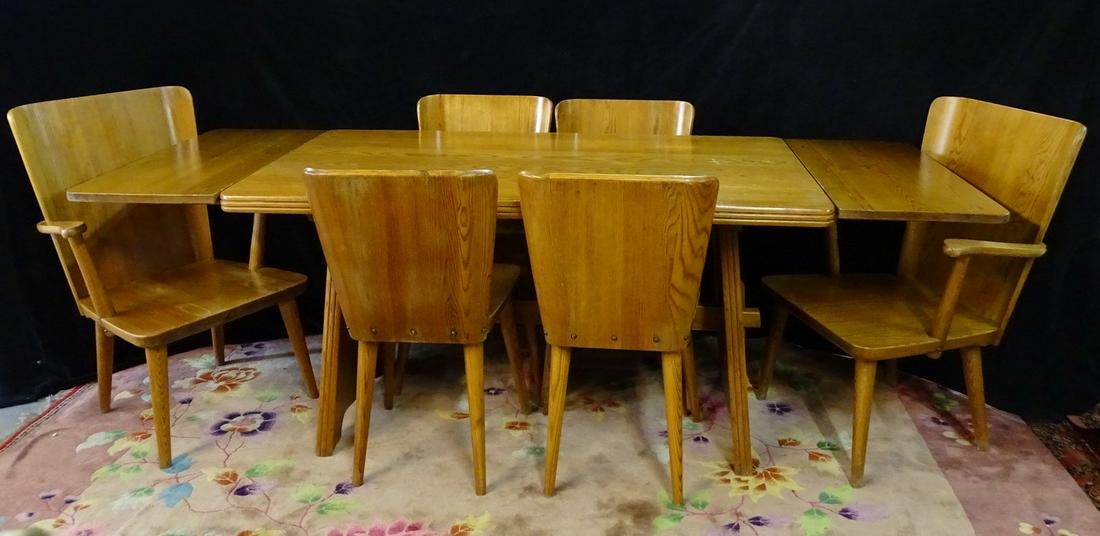 GORAN MALMVALL FOR KARL ANDERSSON & SONER MID CENTURY: GORAN MALMVALL FOR KARL ANDERSSON & SONER MID CENTURY PINE TABLE AND 6 CHAIRS (INC. 2 28" LEAVES) 28 X 53 X 30 W/OUT LEAVES
