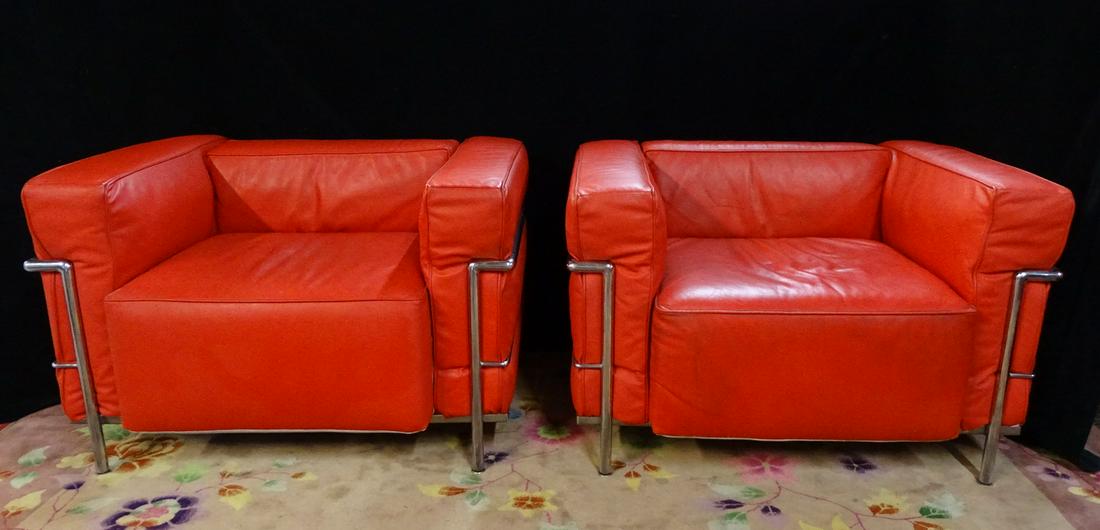 PR. OF LE CORBUSIER FOR CASSINA LC3 RED LEATHER &: PR. OF LE CORBUSIER FOR CASSINA LC3 RED LEATHER & CHROME CHAIRS 26" X 37 X 27