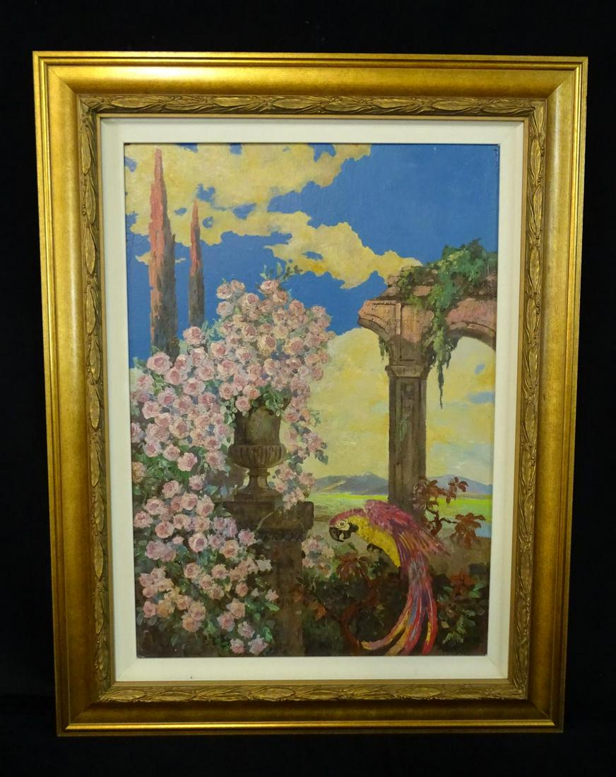GEOFFREY HOLT SGN. OIL ON BOARD PARROT IN A LANDSCAPE: GEOFFREY HOLT SGN. OIL ON BOARD PARROT IN A LANDSCAPE 45X34.5"