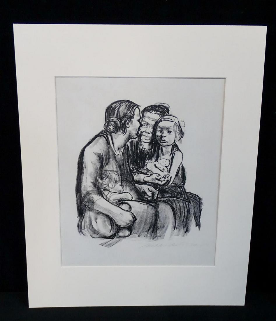 KATHE KOLLWITZ LITHOGRAPH TWO CHATTING WOMEN WITH TWO: KATHE KOLLWITZ LITHOGRAPH TWO CHATTING WOMEN WITH TWO CHILDREN 14.5X13" PRINT HAS BEEN PROFESSIONALLY CLEANED.