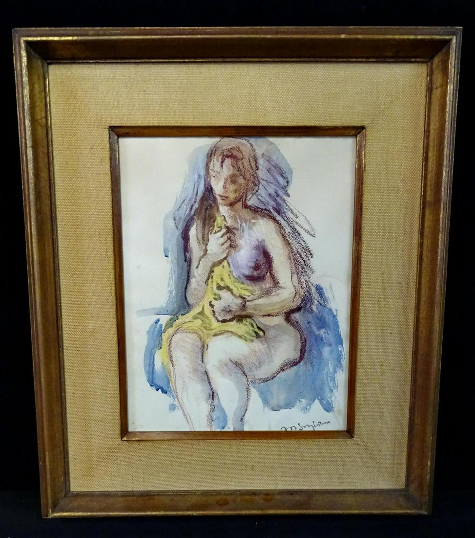 MOSES SOYER SGN. WATERCOLOR SEATED NUDE 13.5X10": MOSES SOYER SGN. WATERCOLOR SEATED NUDE 13.5X10"