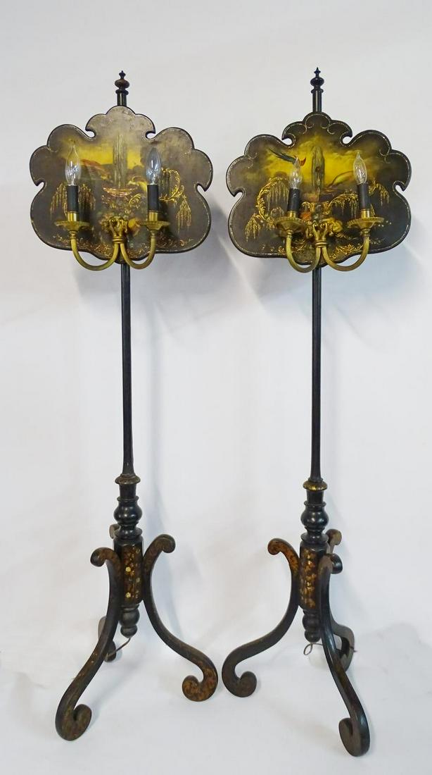 PR. PAPIER MACHE DECORATED FLOOR LAMPS 57"H: PR. PAPIER MACHE DECORATED FLOOR LAMPS 57"H