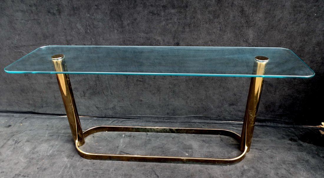 MID CENTURY BRASS & GLASS OVAL CONSOLE TABLE 27"H 66"W: MID CENTURY BRASS & GLASS OVAL CONSOLE TABLE 27"H 66"W 18"D