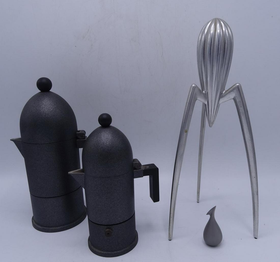 2 ALESSI COFFEE MAKERS & PHILIPPE STARCK JUICY SALIF: 2 ALESSI COFFEE MAKERS & PHILIPPE STARCK JUICY SALIF CITRUS SQUEEZER 10"H TALLEST
