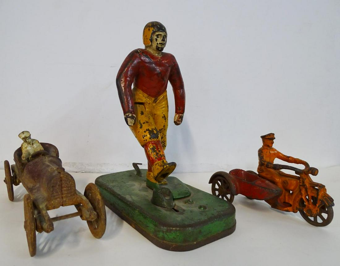 LOT CAST IRON TOYS INC. SIDECAR ROADSTER & MECHANICAL: LOT CAST IRON TOYS INC. SIDECAR ROADSTER & MECHANICAL BANK FOOTBALL PLAYER 8"H TALLEST