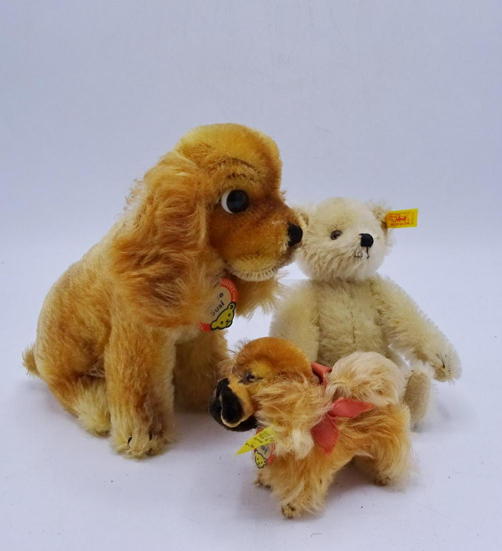 3 STEIFF ANIMALS: COCKER SPANIEL, SMALL DOG & TEDDY: 3 STEIFF ANIMALS: COCKER SPANIEL, SMALL DOG & TEDDY BEAR 6.5" TALLEST