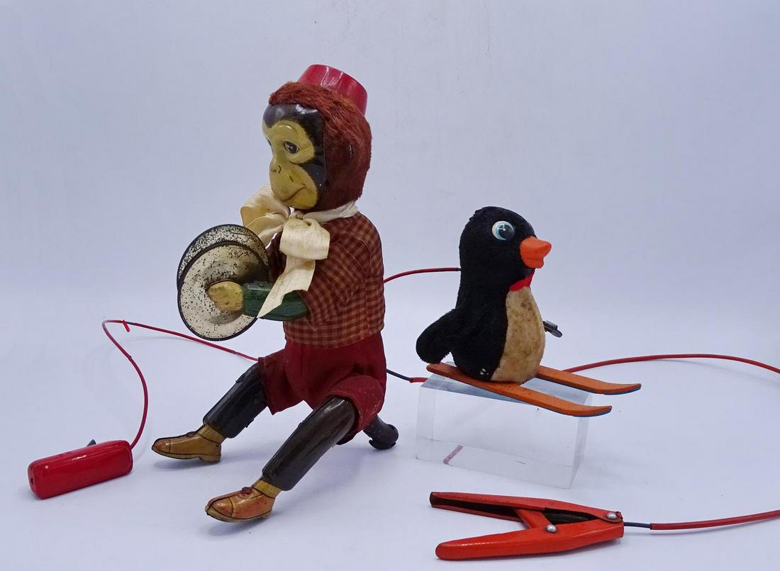 VINTAGE MONKEY W/CYMBAL & PENGUIN SKIER 9.25" TALLEST: VINTAGE MONKEY W/CYMBAL & PENGUIN SKIER 9.25" TALLEST