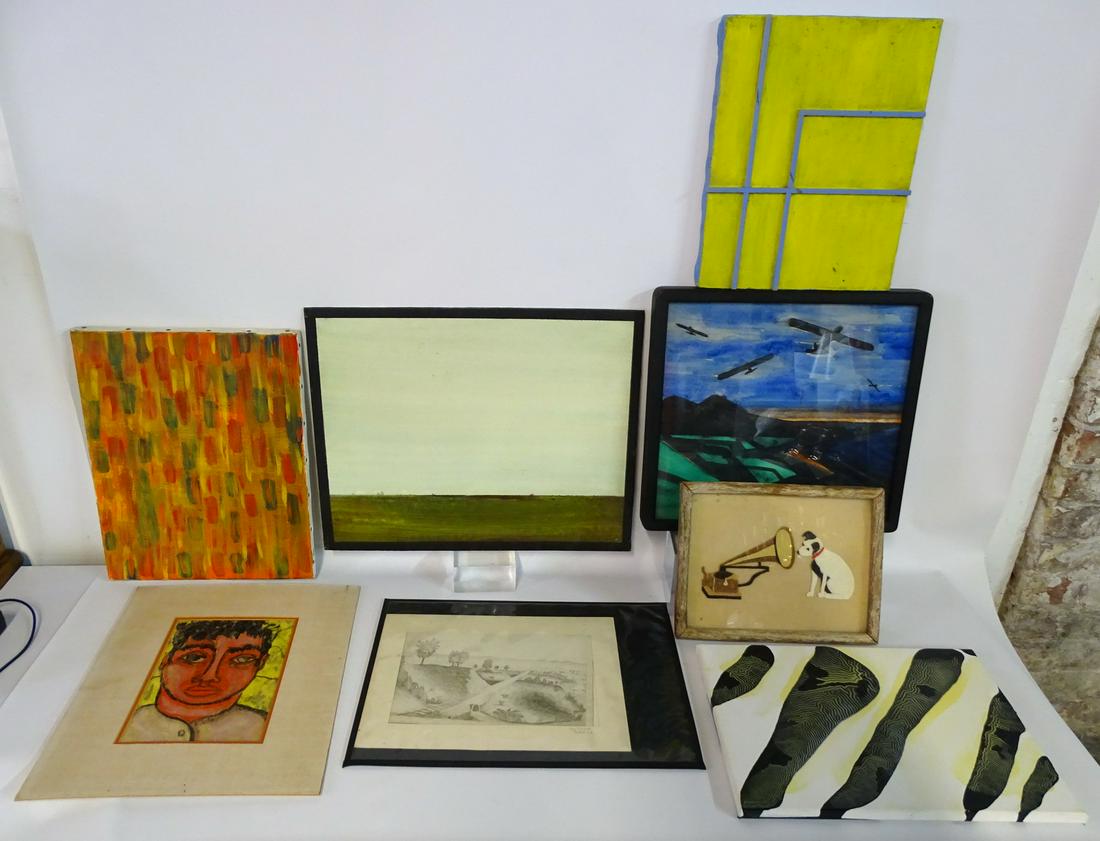 8 PCS. ART INC. WATERCOLOR WITH PLANES & PENCIL DRAWING: 8 PCS. ART INC. WATERCOLOR WITH PLANES & PENCIL DRAWING SOUTHOLD LONG ISLAND