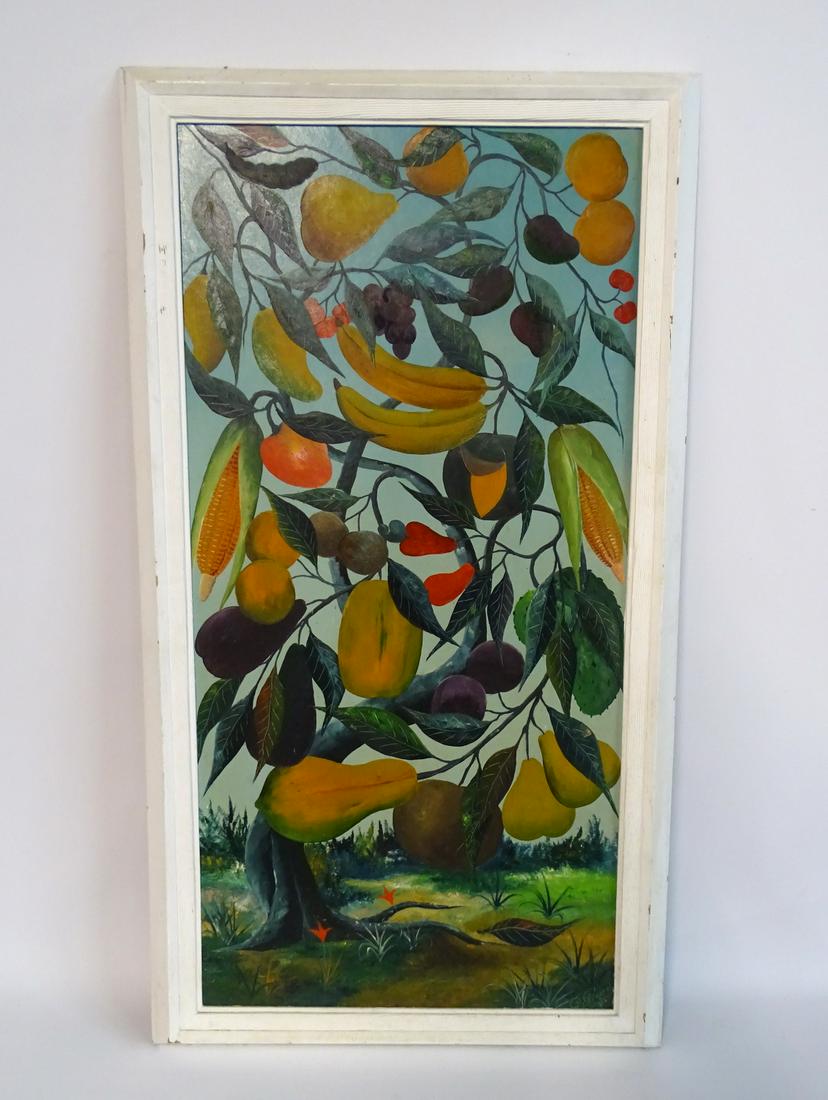 FERAND PIERRE SGN. OIL ON BOARD HAITIAN FRUIT TREE: FERAND PIERRE SGN. OIL ON BOARD HAITIAN FRUIT TREE 36X18"
