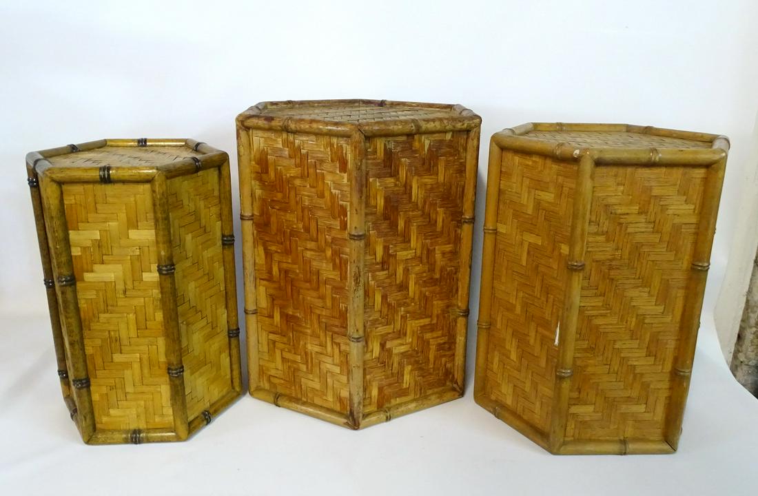 3 GRADUATED FAUX BAMBOO STANDS / OCCASIONAL TABLES 18"H: 3 GRADUATED FAUX BAMBOO STANDS / OCCASIONAL TABLES 18"H 16"W 14"D LARGEST