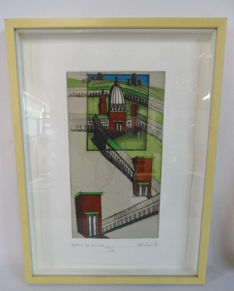 ALDO ROSSI SGN. COLOR ETCHING EDIFICI IN COLLINA 14X8": ALDO ROSSI SGN. COLOR ETCHING EDIFICI IN COLLINA 14X8"
