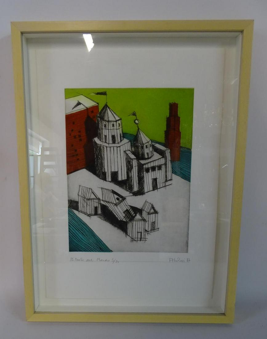 ALDO ROSSI SGN. COLOR ETCHING TEATRO AU MONDO 13X9": ALDO ROSSI SGN. COLOR ETCHING TEATRO AU MONDO 13X9"