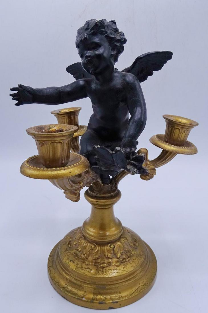 BRONZE 3 LIGHT CANDELABRA W/WHITE METAL CUPID 11"H: BRONZE 3 LIGHT CANDELABRA W/WHITE METAL CUPID 11"H