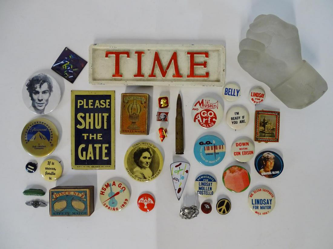 LOT PINS & OTHER EPHEMERA; GLASS FIST 5"H: LOT PINS & OTHER EPHEMERA; GLASS FIST 5"H