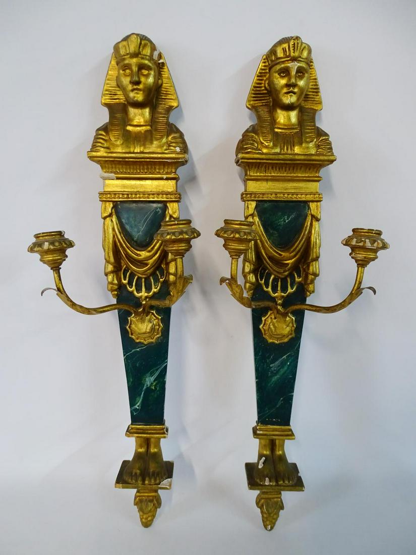 PR. EGYPTIAN REVIVAL GILT WOOD & FAUX MALACHITE SCONCES: PR. EGYPTIAN REVIVAL GILT WOOD & FAUX MALACHITE SCONCES 28"H 9"W