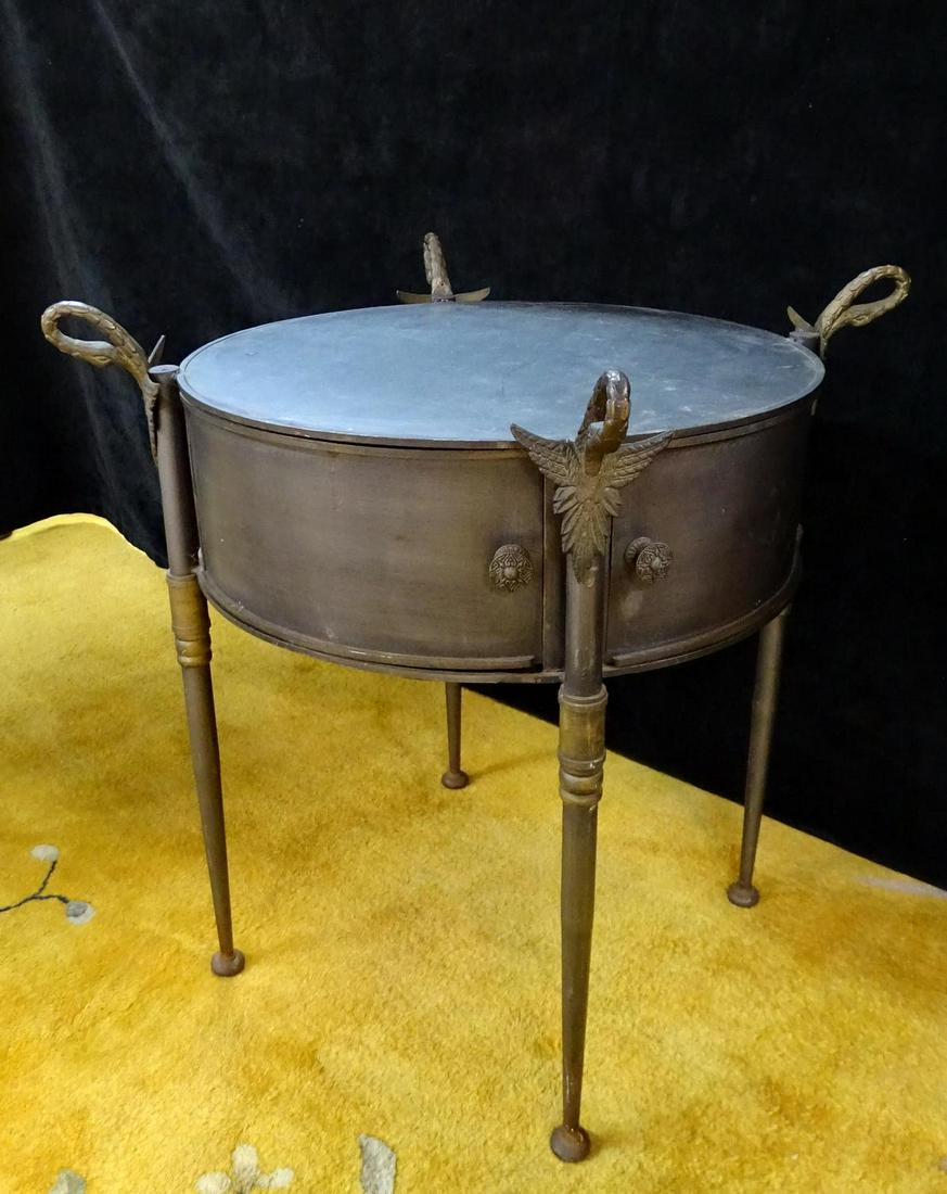 ITALIAN TOLE DRUM TABLE WITH BRONZE MOUNTS 24"H 21": ITALIAN TOLE DRUM TABLE WITH BRONZE MOUNTS 24"H 21" DIA.