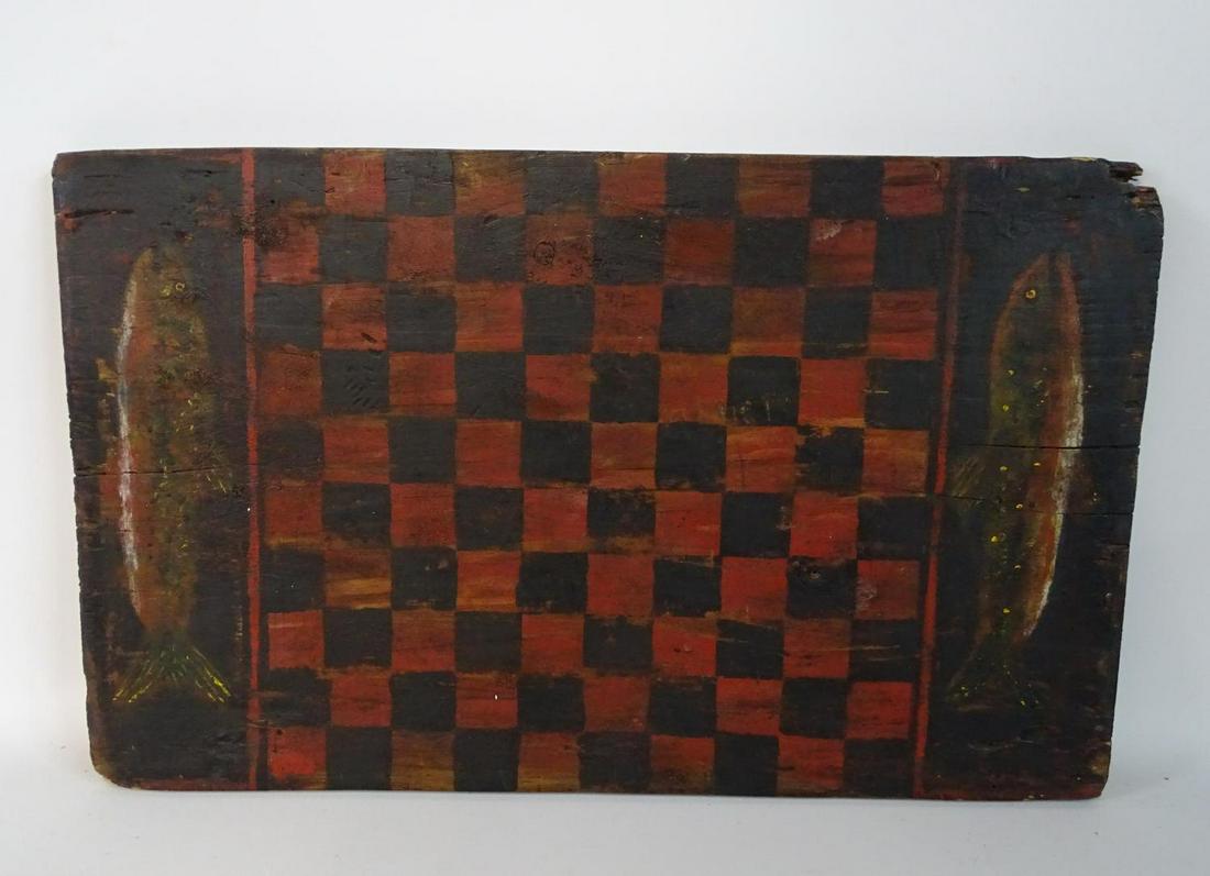 ANTIQUE PAINTED GAME BOARD WITH FISH MOTIF 23X14": ANTIQUE PAINTED GAME BOARD WITH FISH MOTIF 23X14"