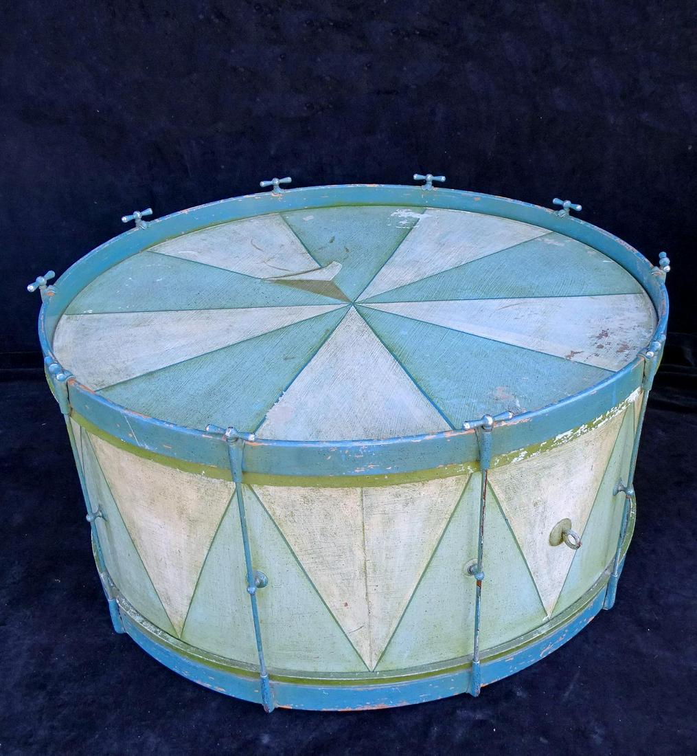 PAINT DECORATED DRUM / COCKTAIL TABLE 15"H 31" DIA.: PAINT DECORATED DRUM / COCKTAIL TABLE 15"H 31" DIA.