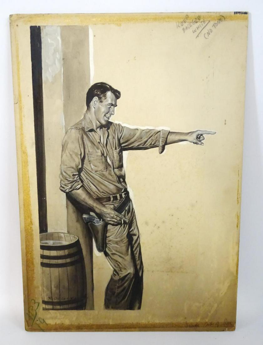 RAPHAEL DE SOTO SGN. ILLUSTRATION ON BOARD MAN WITH GUN: RAPHAEL DE SOTO SGN. ILLUSTRATION ON BOARD MAN WITH GUN SLING POINTING 20X14"
