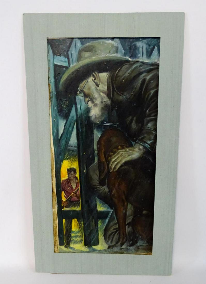 RAPHAEL DE SOTO SGN. OIL ON BOARD ILLUSTRATION MAN WITH: RAPHAEL DE SOTO SGN. OIL ON BOARD ILLUSTRATION MAN WITH DOG & GUNMAN 25X14"