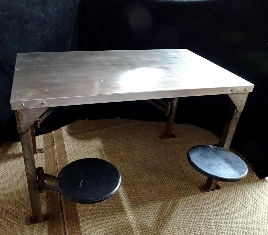 IRON & STEEL INDUSTRIAL TABLE WITH BUILT IN SEATS 32"H: IRON & STEEL INDUSTRIAL TABLE WITH BUILT IN SEATS 32"H 51"L 30"D