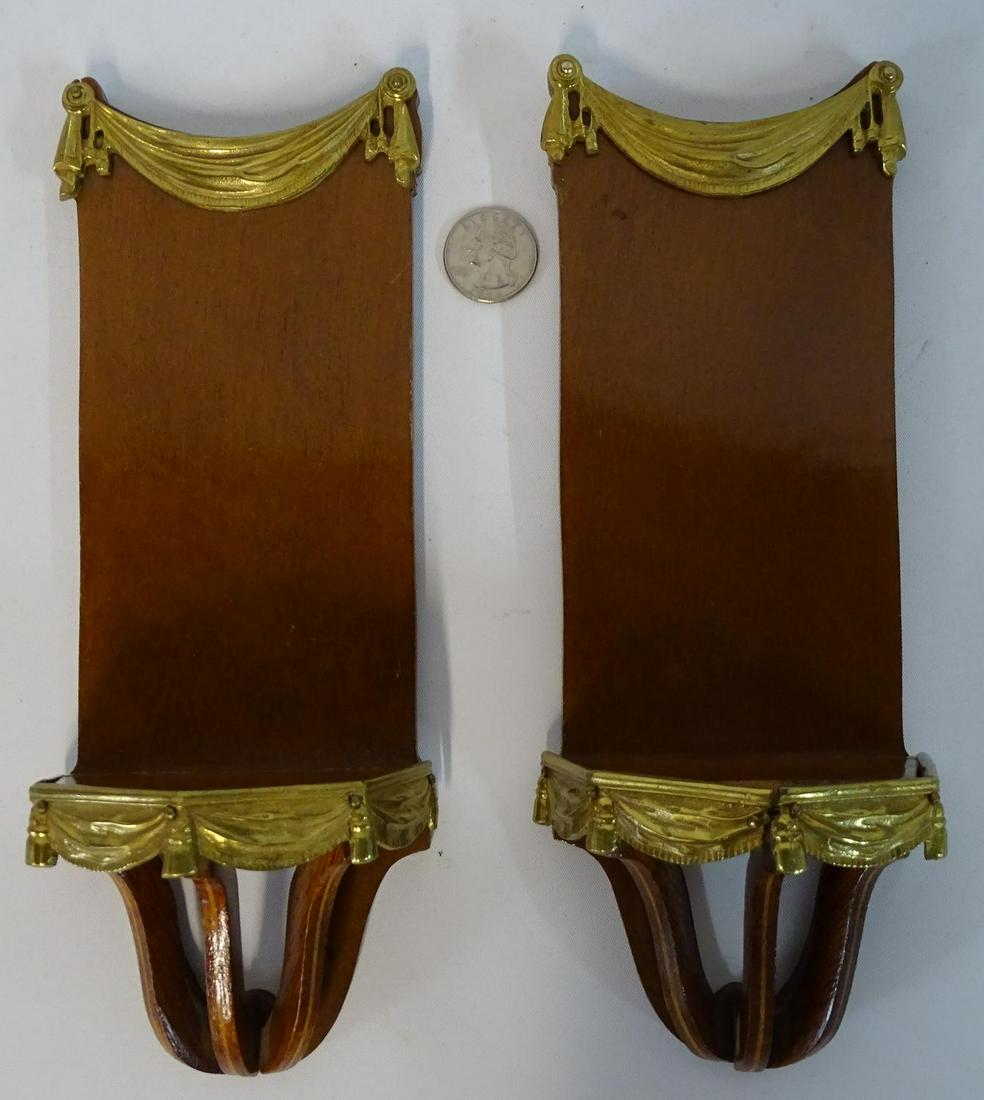 PR. DIMINUTIVE BRONZE MOUNTED WOOD BRACKETS: PR. DIMINUTIVE BRONZE MOUNTED WOOD BRACKETS