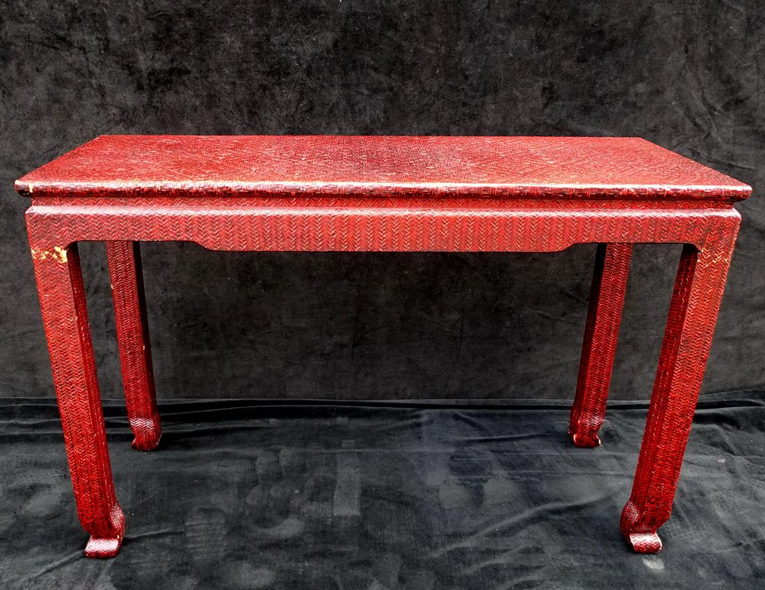 RAFFIA COVERED RED LACQUER CONSOLE TABLE 26"H 40"L 16"D: RAFFIA COVERED RED LACQUER CONSOLE TABLE 26"H 40"L 16"D