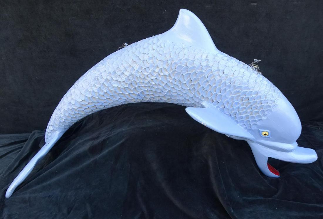 MONUMENTAL CARVED & PAINTED DOLPHIN FIGURAL CHANDELIER: MONUMENTAL CARVED & PAINTED DOLPHIN FIGURAL CHANDELIER 25"H 64"L 28"D
