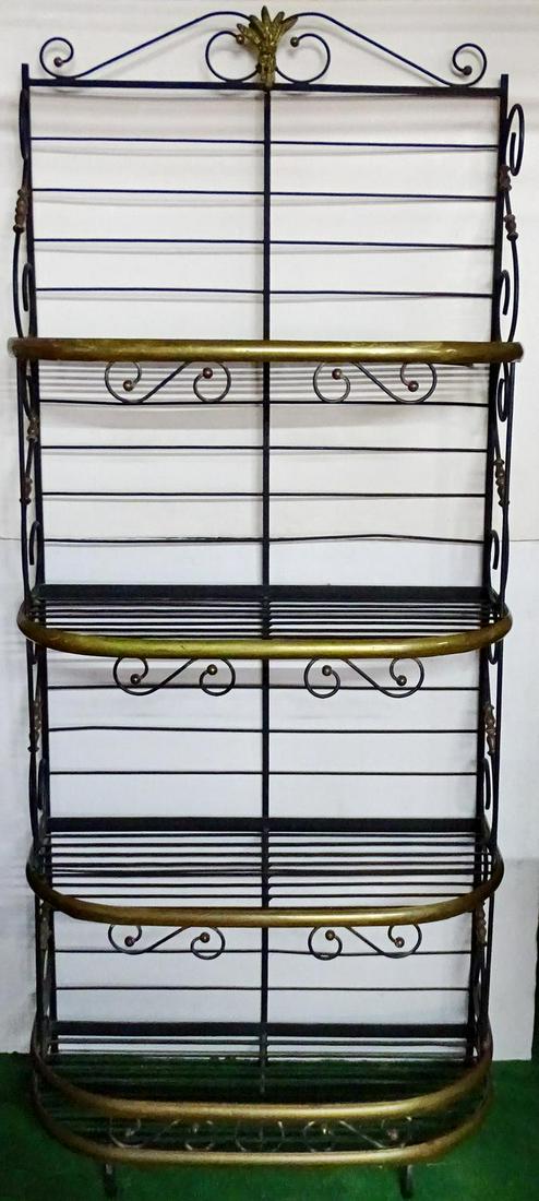 WROUGHT IRON & BRASS BAKERS RACK 86"H 36"L 27"D: WROUGHT IRON & BRASS BAKERS RACK 86"H 36"L 27"D