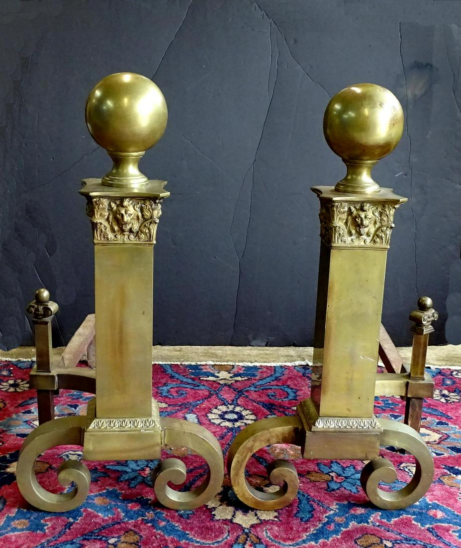 PR. BRONZE FIGURAL BALL TOP ANDIRONS 24"H: PR. BRONZE FIGURAL BALL TOP ANDIRONS 24"H