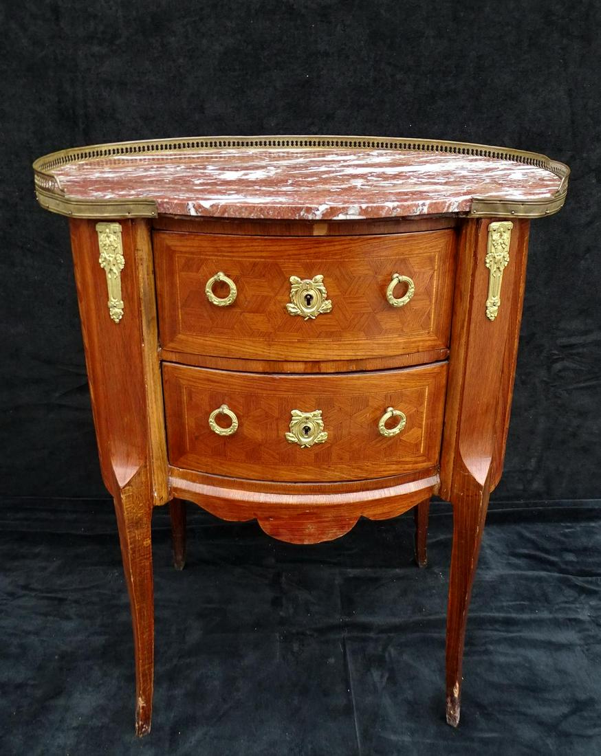 LOUIS XV STYLE MARQUETRY INLAID MARBLE TOP COMMODE 29"H: LOUIS XV STYLE MARQUETRY INLAID MARBLE TOP COMMODE 29"H 24"L 16"D