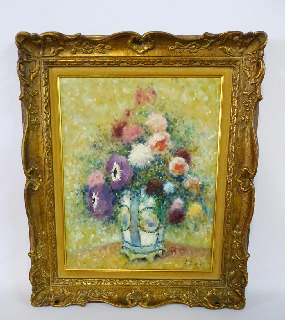 ANDRE GISSON SGN. OIL ON CANVAS STILLIFE WITH FLOWERS: ANDRE GISSON SGN. OIL ON CANVAS STILLIFE WITH FLOWERS 20X16"