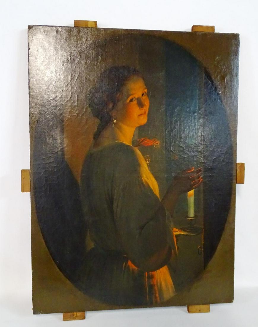 19TH C. GIUSEPPE MAZZOLINI SGN. OIL ON CANVAS PORTRAIT: 19TH C. GIUSEPPE MAZZOLINI SGN. OIL ON CANVAS PORTRAIT OF A WOMAN IN CANDLELIGHT 39.25X29.5"