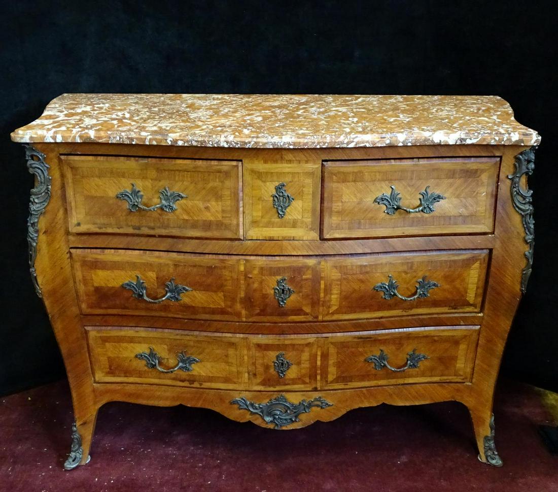 LOUIS XV STYLE BRONZE MOUNTED INLAID MARBLE TOP COMMODE: LOUIS XV STYLE BRONZE MOUNTED INLAID MARBLE TOP COMMODE 35"H 48"L 21"D