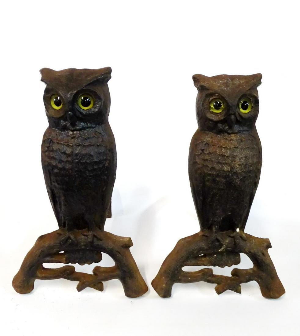 PR. OWL FIGURAL ANDIRONS WITH GLASS EYES (CRACK TO ONE: PR. OWL FIGURAL ANDIRONS WITH GLASS EYES (CRACK TO ONE EYE) 15.5"H 9"W 16"L
