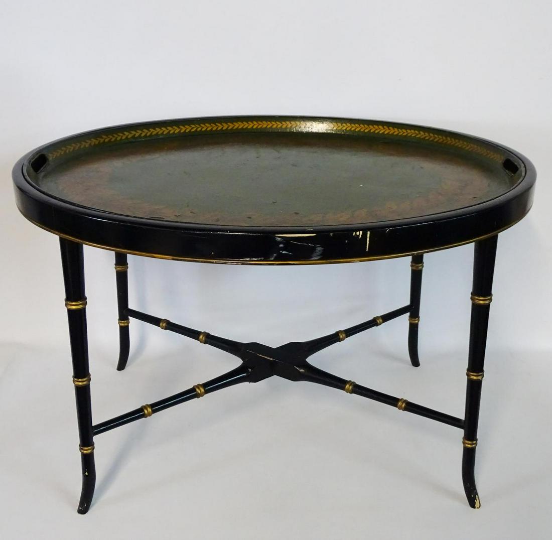 ANTIQUE TOLE TRAY TOP TABLE WITH FAUX BAMBOO BASE 20"H: ANTIQUE TOLE TRAY TOP TABLE WITH FAUX BAMBOO BASE 20"H 31"L 23.5"D