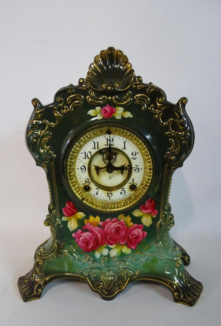 ANSONIA ROYAL BONN LA FLORIDE TIME & STRIKE PORCELAIN: ANSONIA ROYAL BONN LA FLORIDE TIME & STRIKE PORCELAIN CLOCK 16"H 12"W
