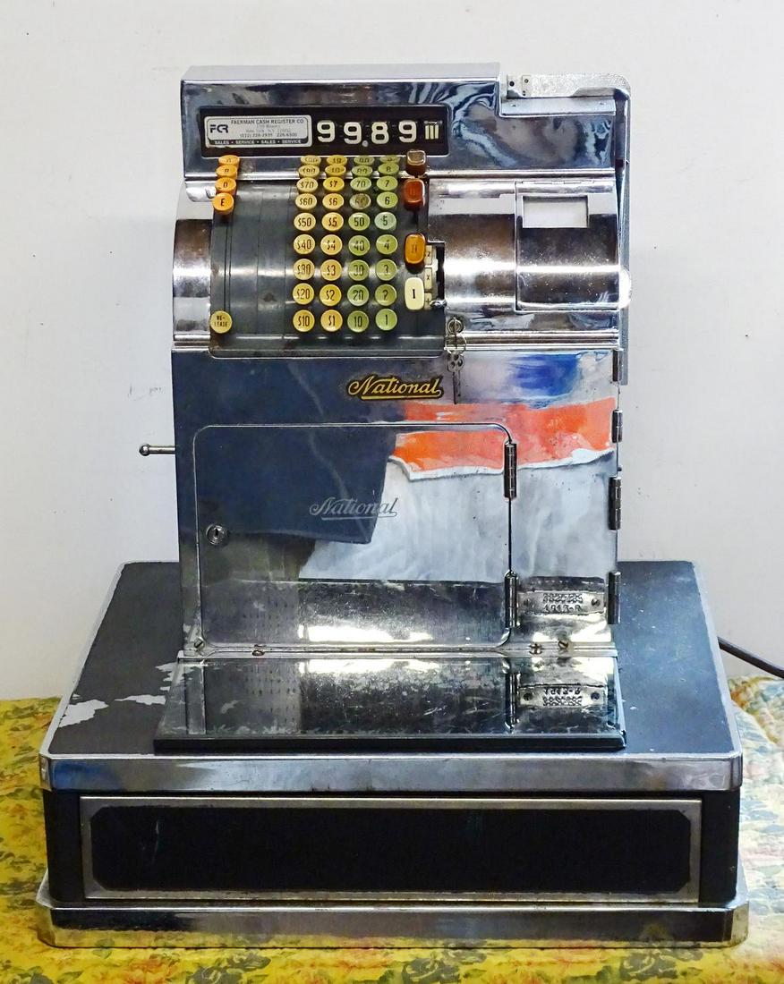 VINTAGE NATIONAL CASH REGISTER WITH KEY 21"H 18"L 16"D: VINTAGE NATIONAL CASH REGISTER WITH KEY 21"H 18"L 16"D