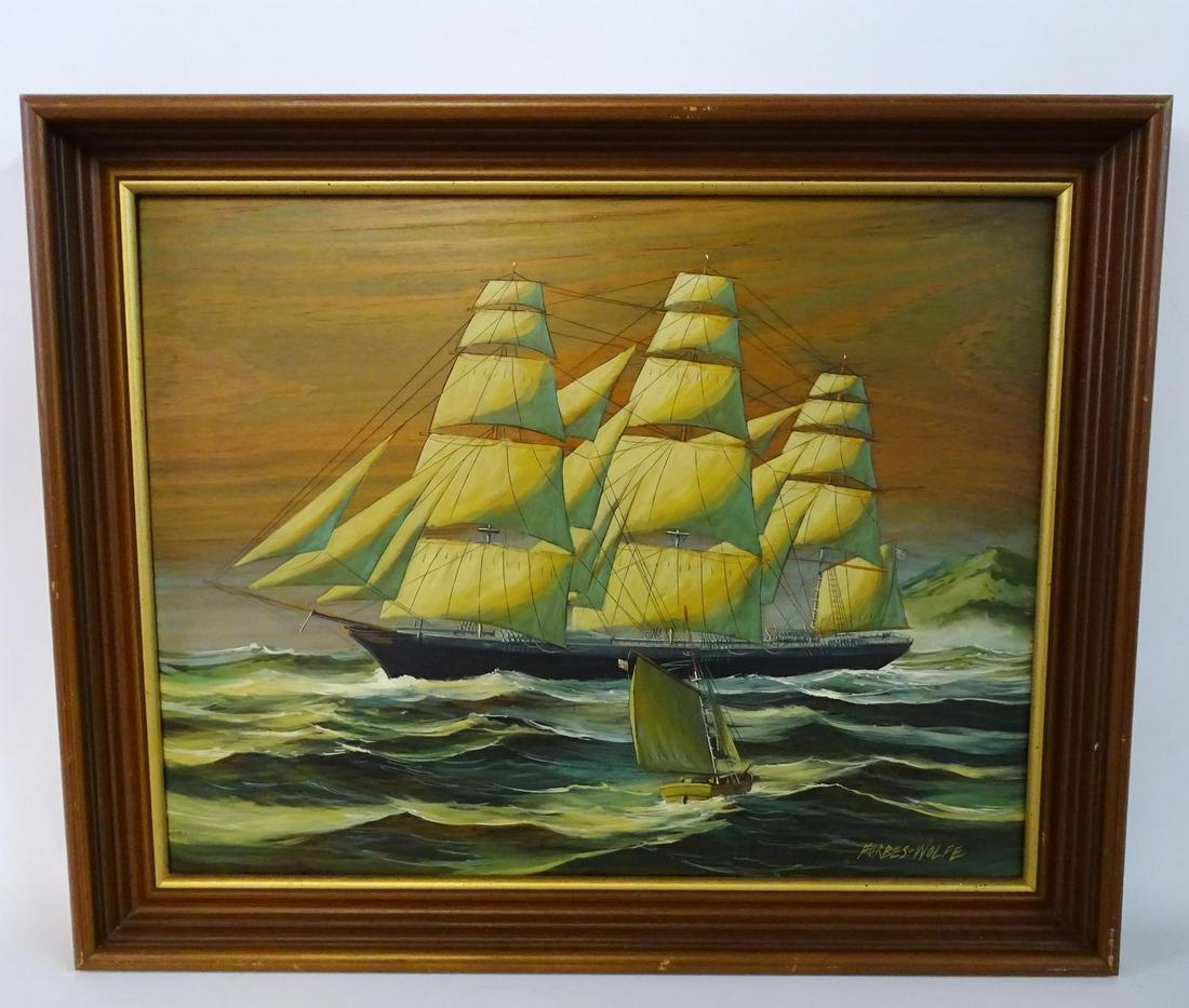 LAWRENCE FORBES WOLFE SGN. ENGRAVED & PAINTED WOOD: LAWRENCE FORBES WOLFE SGN. ENGRAVED & PAINTED WOOD PANEL CLIPPER SHIP 14X18"
