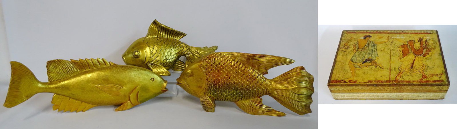 3 GILT FISH AND A DECORATED FLORENTINE BOX: 3 GILT FISH AND A DECORATED FLORENTINE BOX