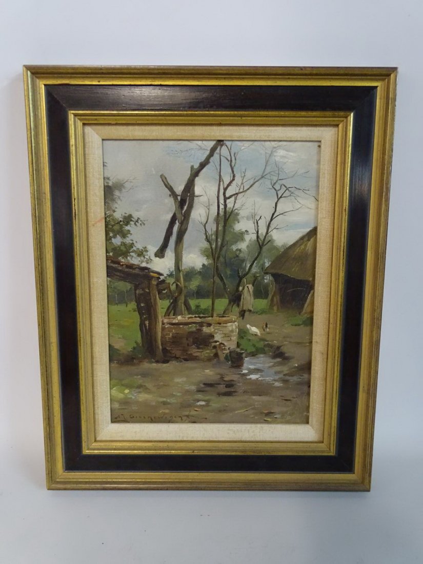ADRIARUS GROENEGEN OIL ON CANVAS SGN. LANDSCAPE YARD: ADRIARUS GROENEGEN OIL ON CANVAS SGN. LANDSCAPE YARD WITH CHICKENS & WELL 12X9"