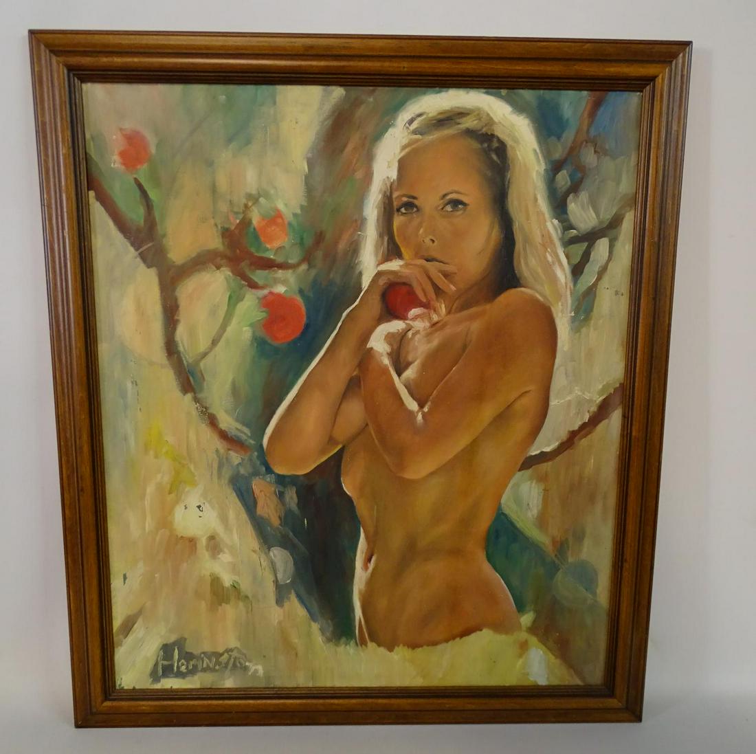 HEMINGTON SGN. OIL ON CANVAS EVE WITH APPLE 31X27": HEMINGTON SGN. OIL ON CANVAS EVE WITH APPLE 31X27" FRAMED