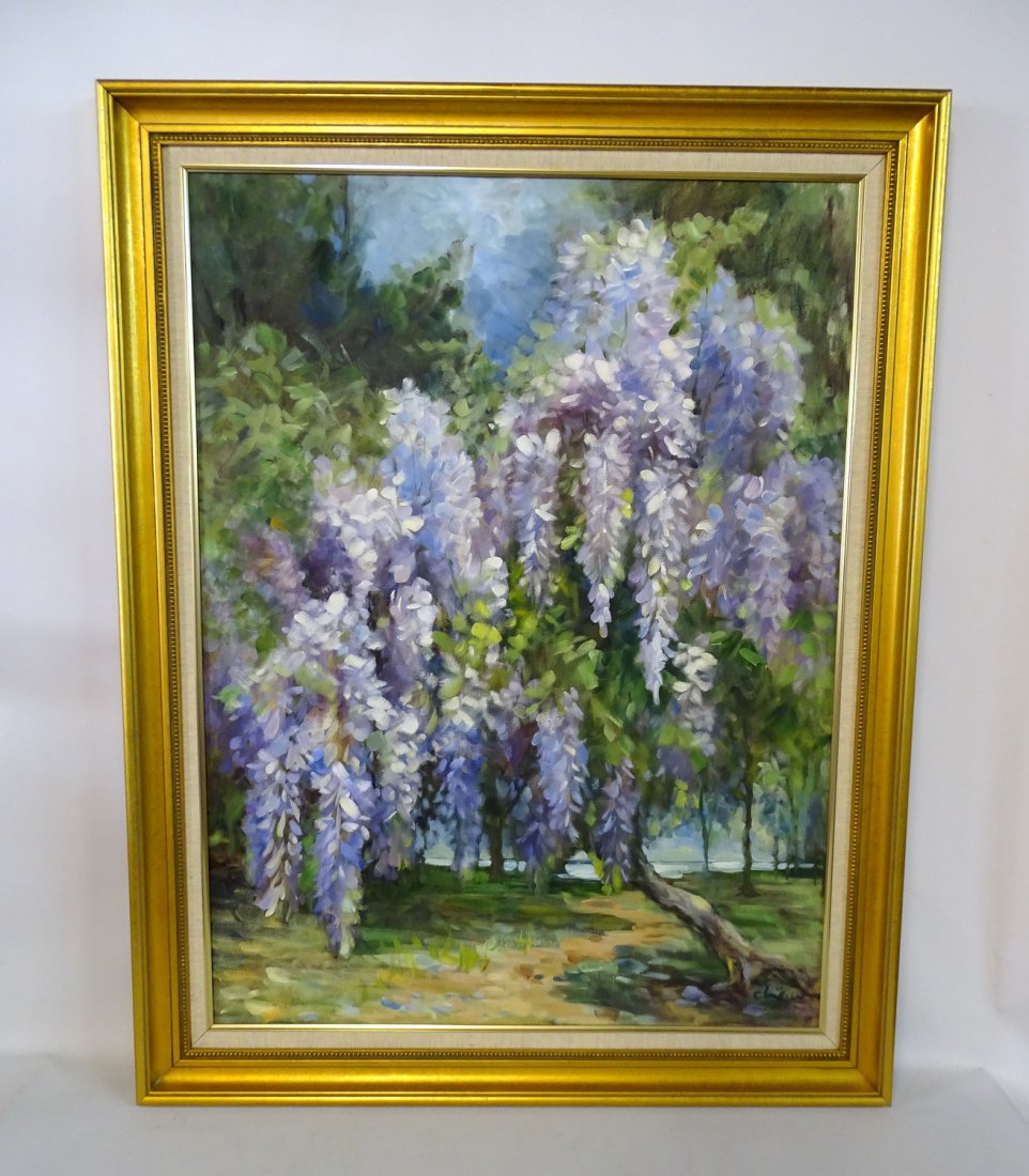 CHLOE WANG SGN. OIL ON CANVAS LANDSCAPE WITH FLOWERING: CHLOE WANG SGN. OIL ON CANVAS LANDSCAPE WITH FLOWERING TREES 46X36" INC. FRAME