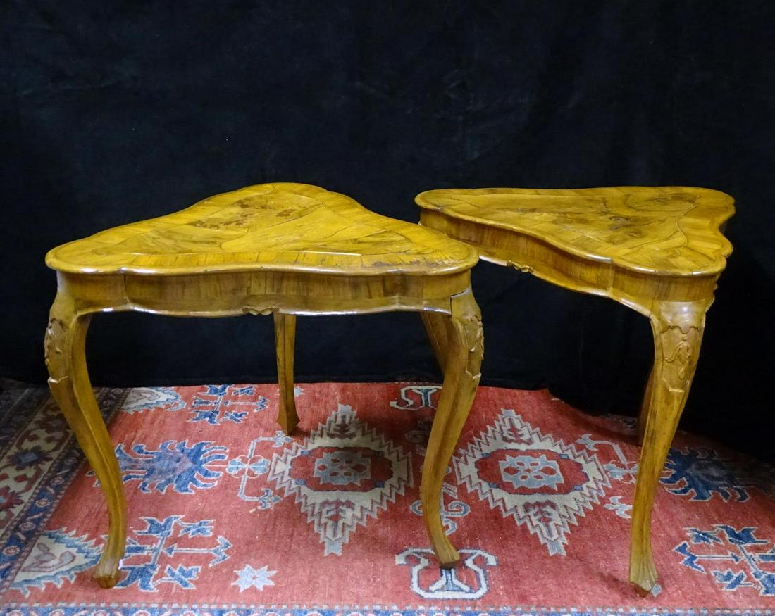PR. OLIVEWOOD TRIANGULAR OCCASIONAL TABLES: PR. OLIVEWOOD TRIANGULAR OCCASIONAL TABLES 19"H 18.5"L 21"D