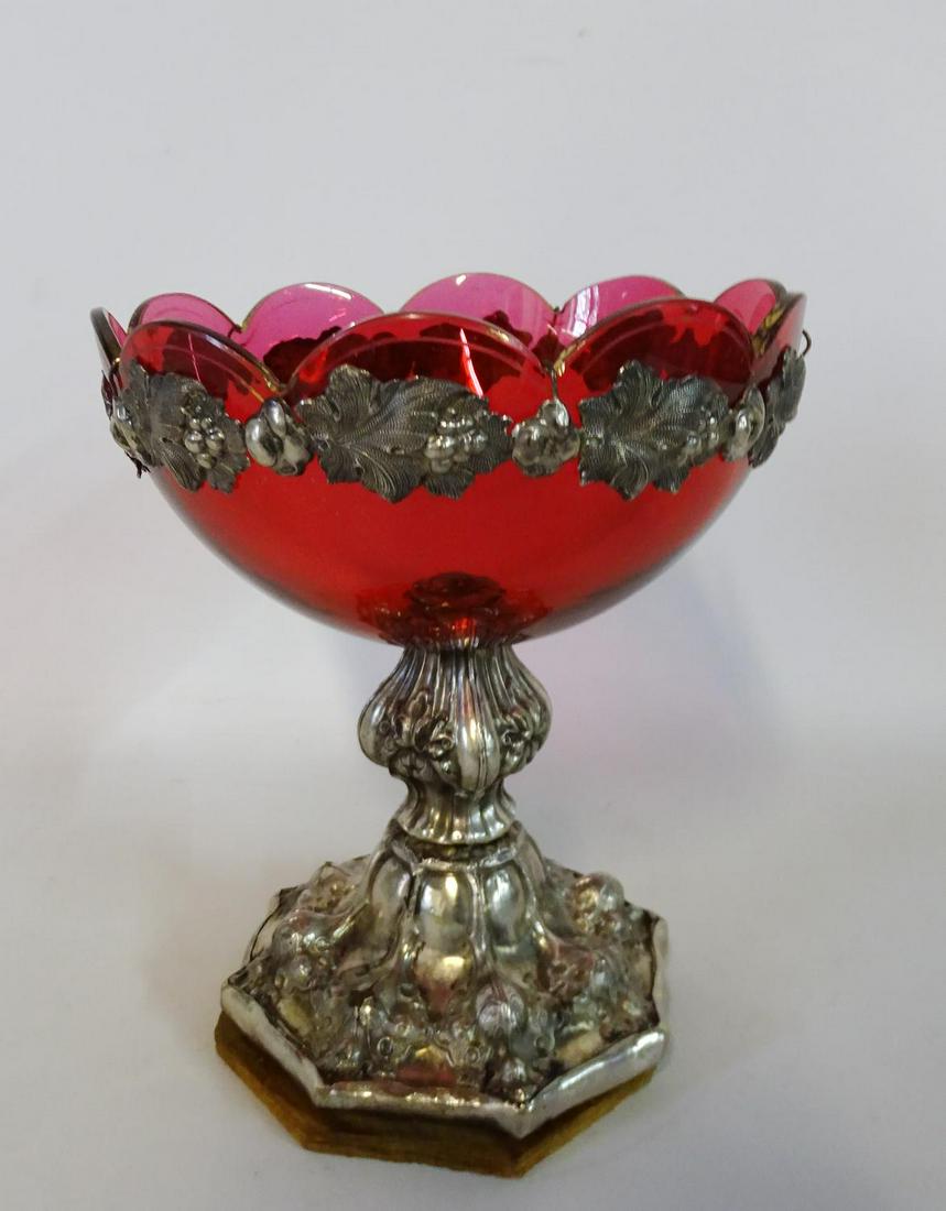 ANTIQUE SILVER & CRANBERRY COMPOTE 8"H 7" DIA.: ANTIQUE SILVER & CRANBERRY COMPOTE 8"H 7" DIA.