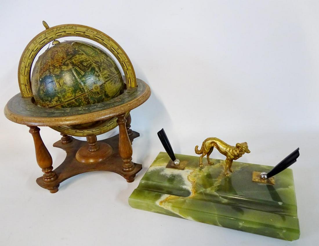 2 DESK PCS.: BRONZE & ONYX PEN HOLDER, AND GLOBE 12": 2 DESK PCS.: BRONZE & ONYX PEN HOLDER, AND GLOBE 12" TALLEST