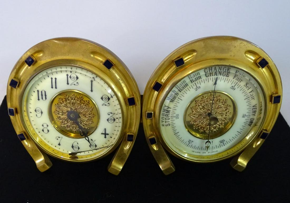 FRENCH BRASS CLOCK & BAROMETER (CRYSTAL CRACKED ON: FRENCH BRASS CLOCK & BAROMETER (CRYSTAL CRACKED ON BAROMETER) 5" X 9"