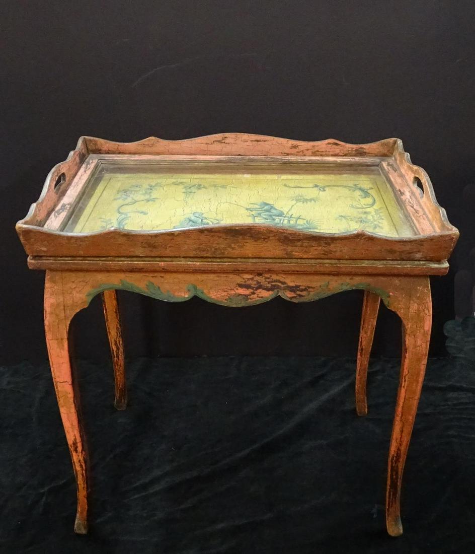 DECORATED TRAY TOP TABLE ORIENTAL MOTIF 26"H 26"L 17"D: DECORATED TRAY TOP TABLE ORIENTAL MOTIF 26"H 26"L 17"D