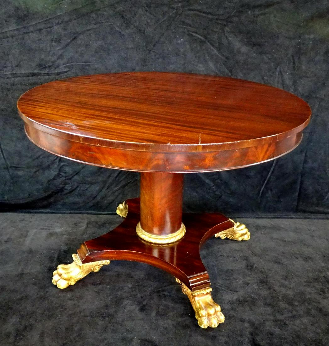 19TH C. REGENCY MAHOGANY CENTER TABLE W/GILT PAW FEET: 19TH C. REGENCY MAHOGANY CENTER TABLE W/GILT PAW FEET