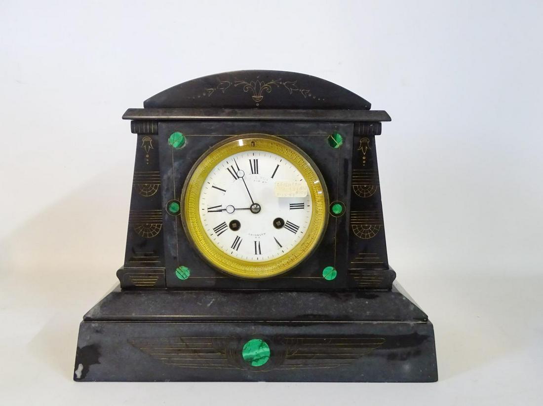 FRENCH MARBLE MANTLE CLOCK W/MALACHITE INLAY & DOME TOP: FRENCH MARBLE MANTLE CLOCK W/MALACHITE INLAY & DOME TOP 10" X 12" 6'